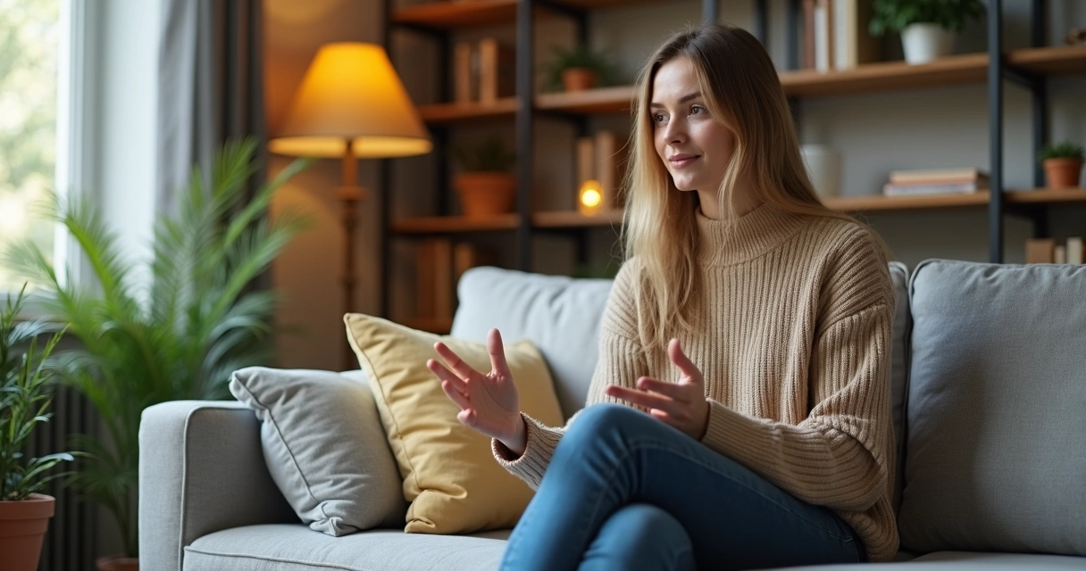Persona sentada en un sofá hablando con tranquilidad en un espacio acogedor