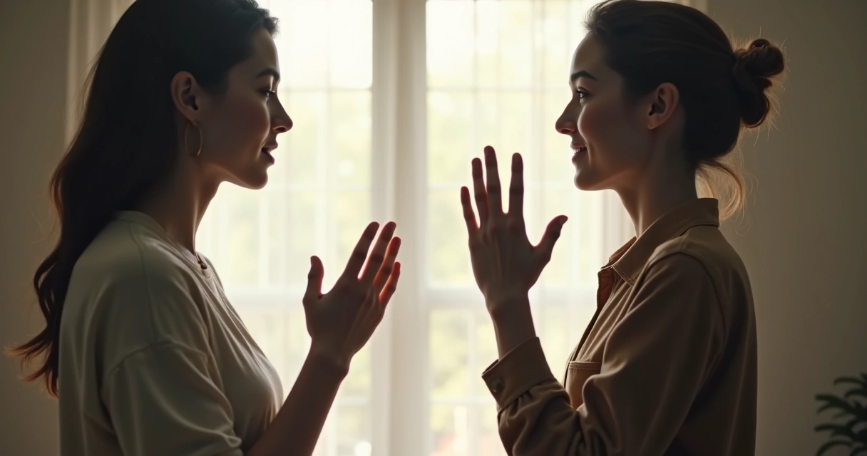 Persona señalando con la mano el espacio personal, gesto de respeto en una conversación 