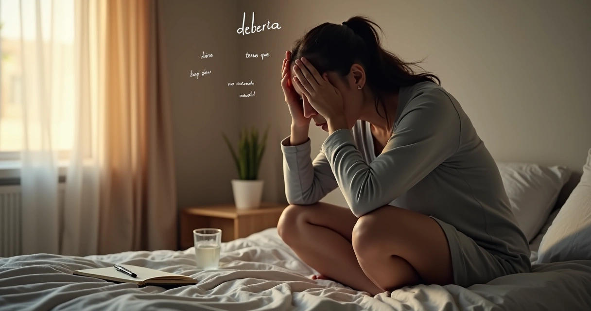 Persona sentada en la cama con gesto cansado y pensamientos exigentes alrededor 