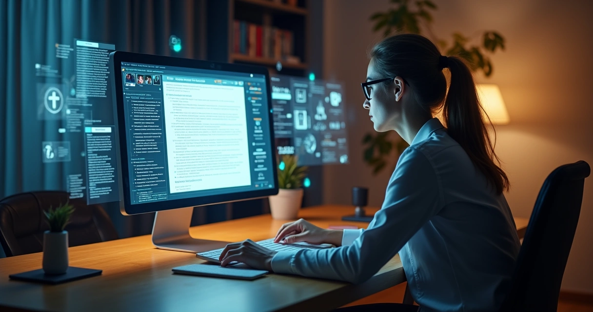 Persona frente a múltiples pantallas digitales filtrando información con calma 