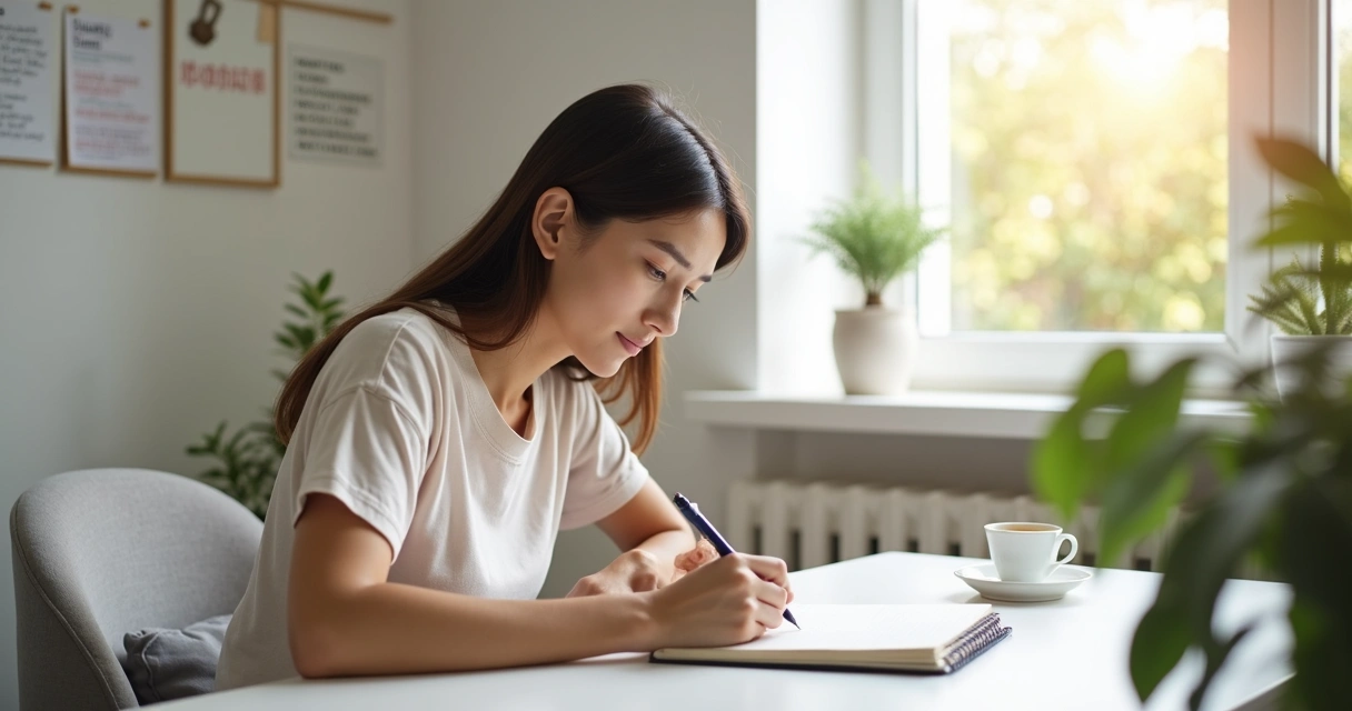 Persona concentrada escribiendo en un diario para formar un nuevo hábito