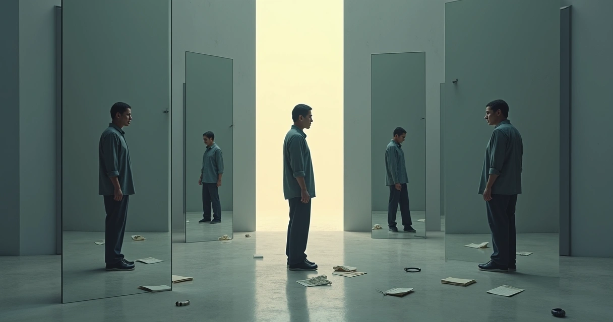 Persona observando su reflejo fragmentado en varios espejos 