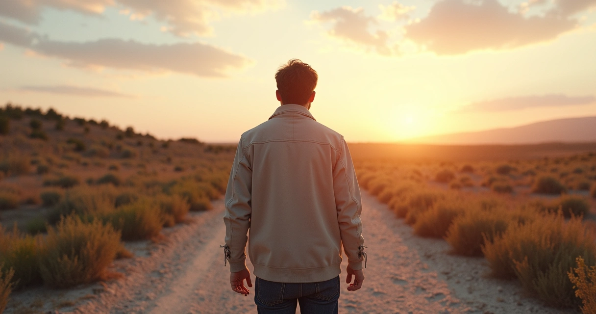 Persona sola de espaldas frente a un cruce de caminos al amanecer 