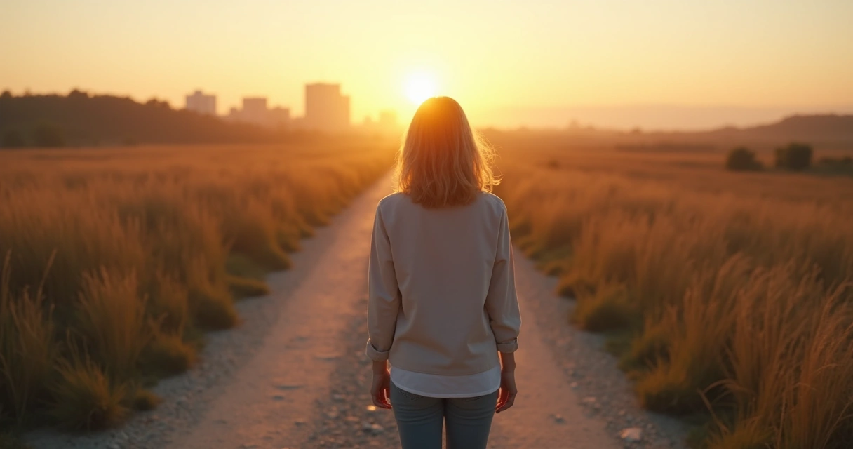 Persona reflexionando ante un camino dividido con una ciudad al fondo 