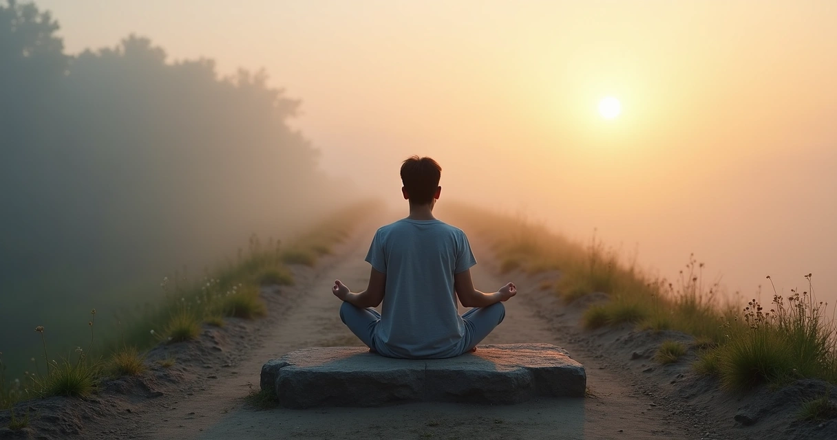Persona meditando frente a un camino que se pierde en la niebla 