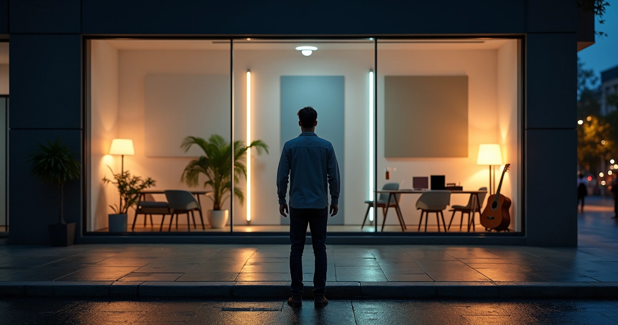 Persona observando varios caminos de éxito reflejados en una vitrina iluminada 
