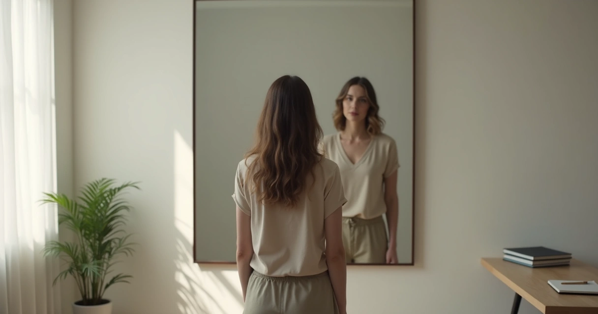 Persona frente a un espejo con siluetas borrosas detrás y un reflejo claro al centro 