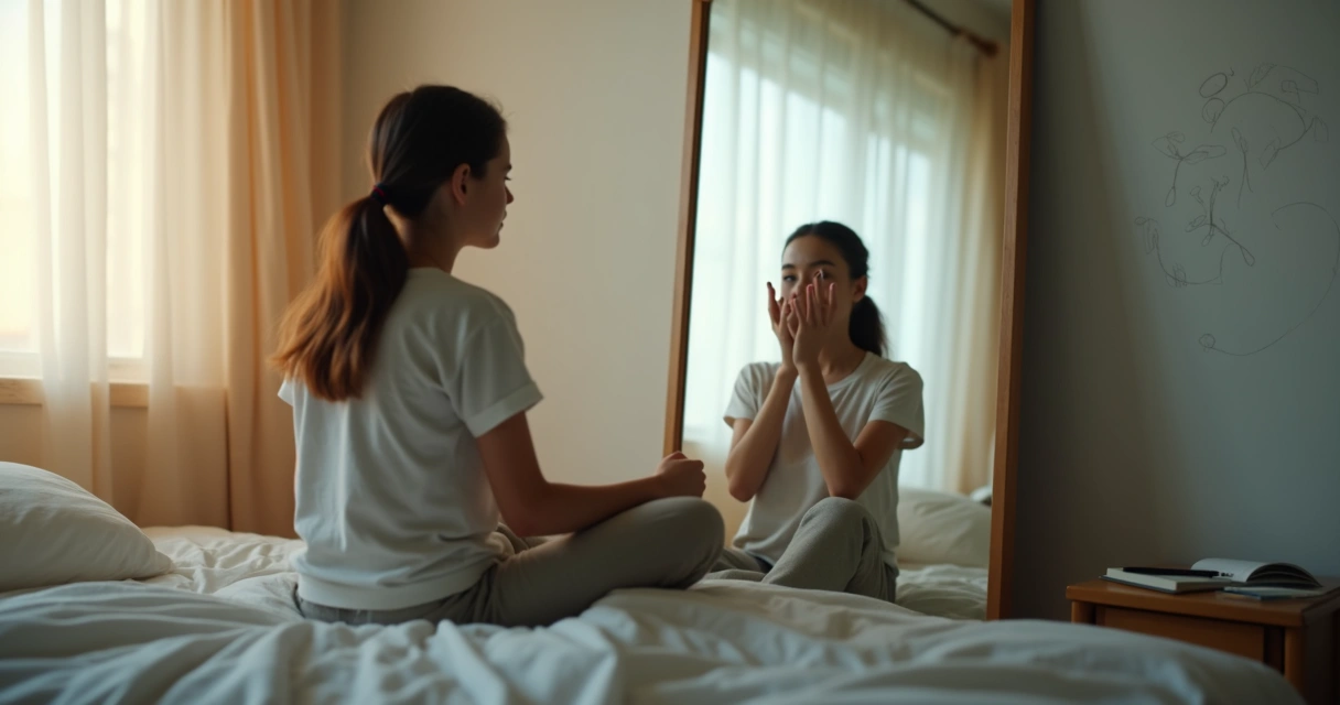 Persona pensativa frente a un espejo con reflejo fragmentado 