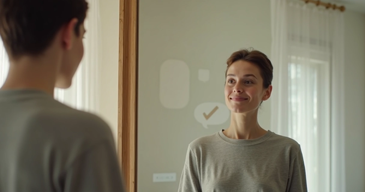 Persona frente a un espejo con reflejo dividido entre calma y confusión 