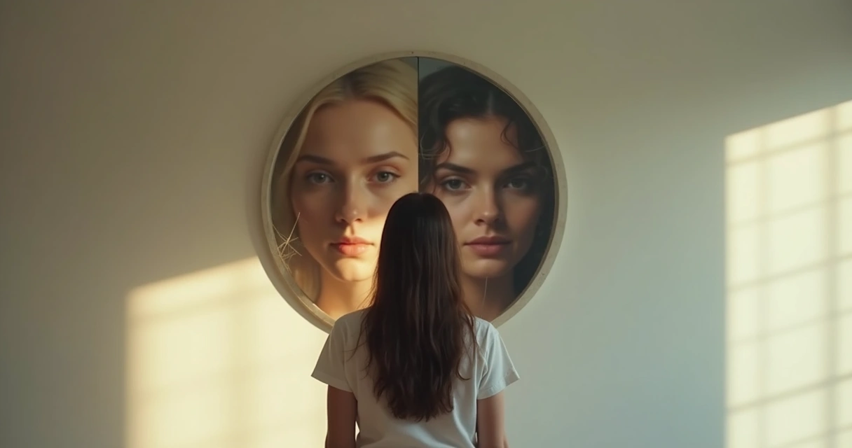 Persona mirando su reflejo en un espejo con una mitad clara y otra confusa 