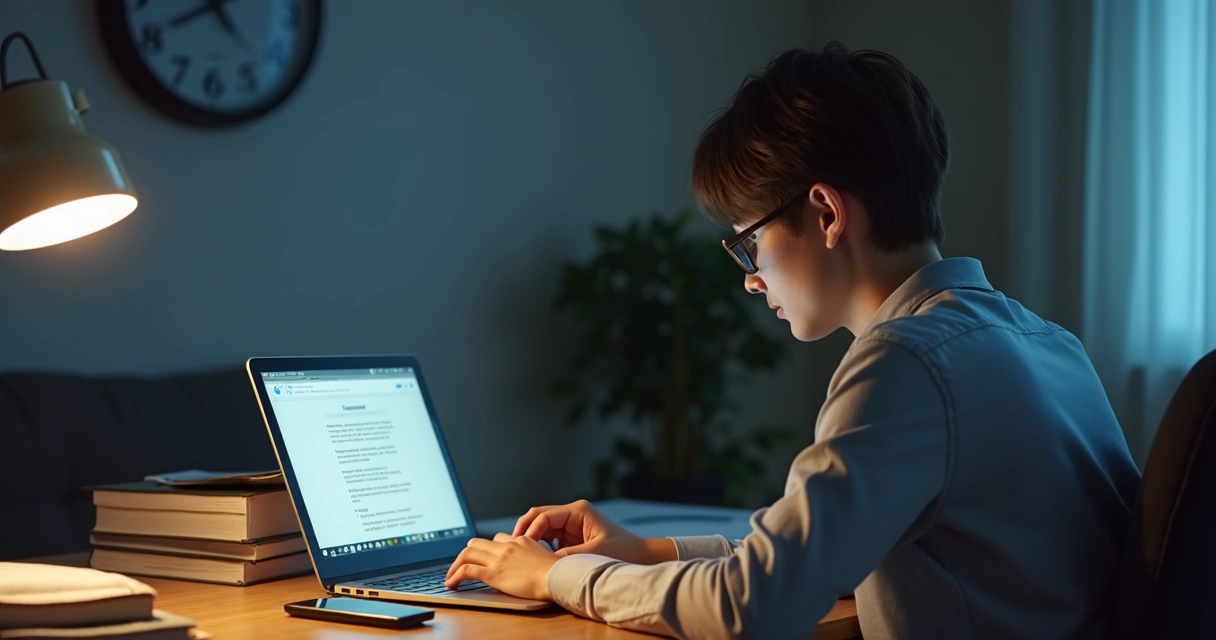 Persona sentada frente a un escritorio con tarea pendiente y distracciones digitales