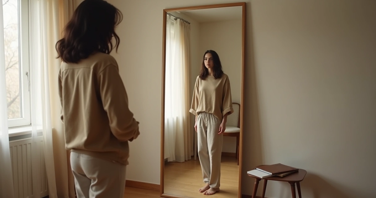 Persona observando su reflejo en un espejo con expresión pensativa
