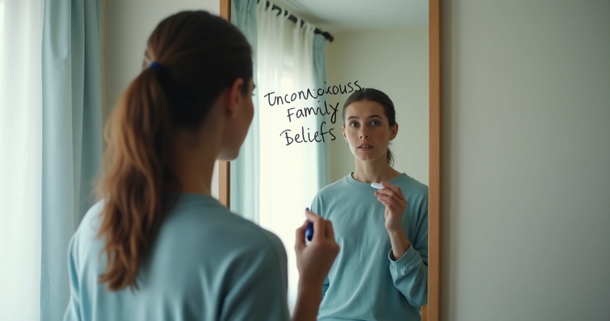 Persona mirando su reflejo mientras escribe una frase en un espejo 
