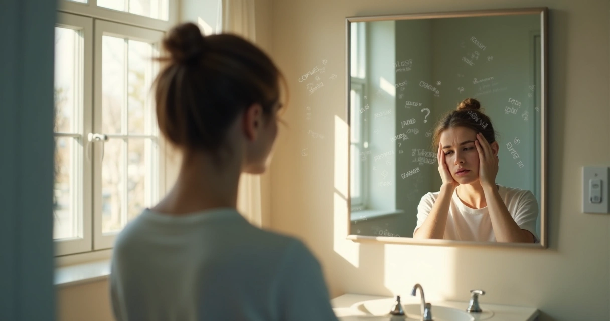 Persona observando su reflejo con notas mentales superpuestas