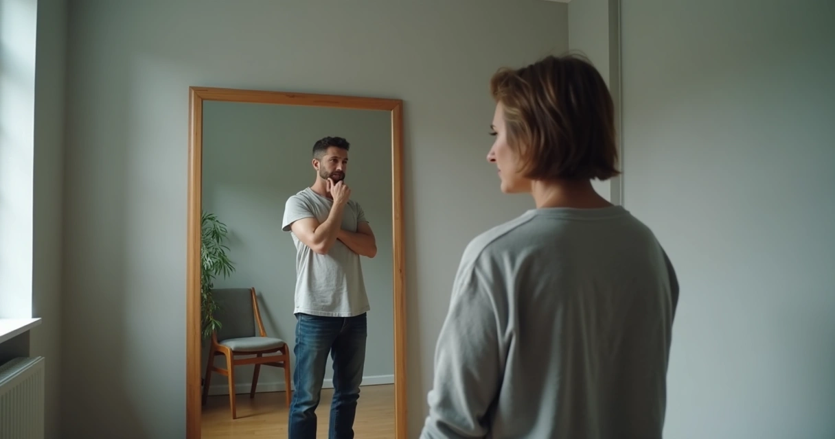 Persona observando su reflejo con gesto de introspección