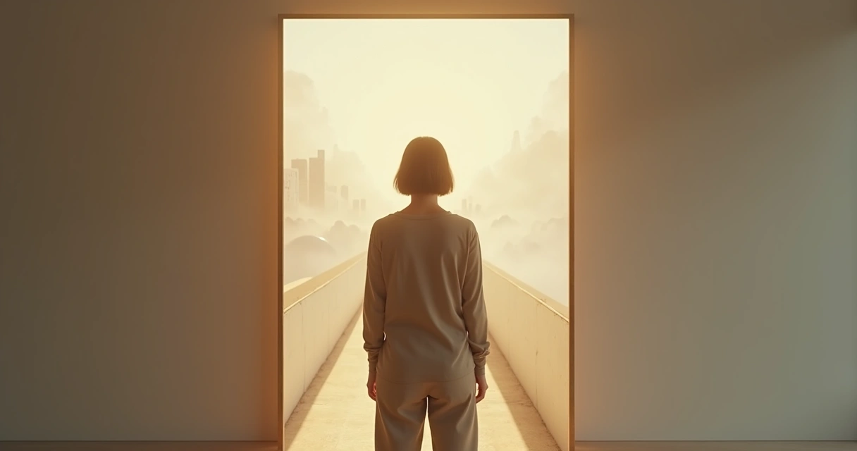 Persona de espaldas frente a un espejo con un camino interno iluminado 