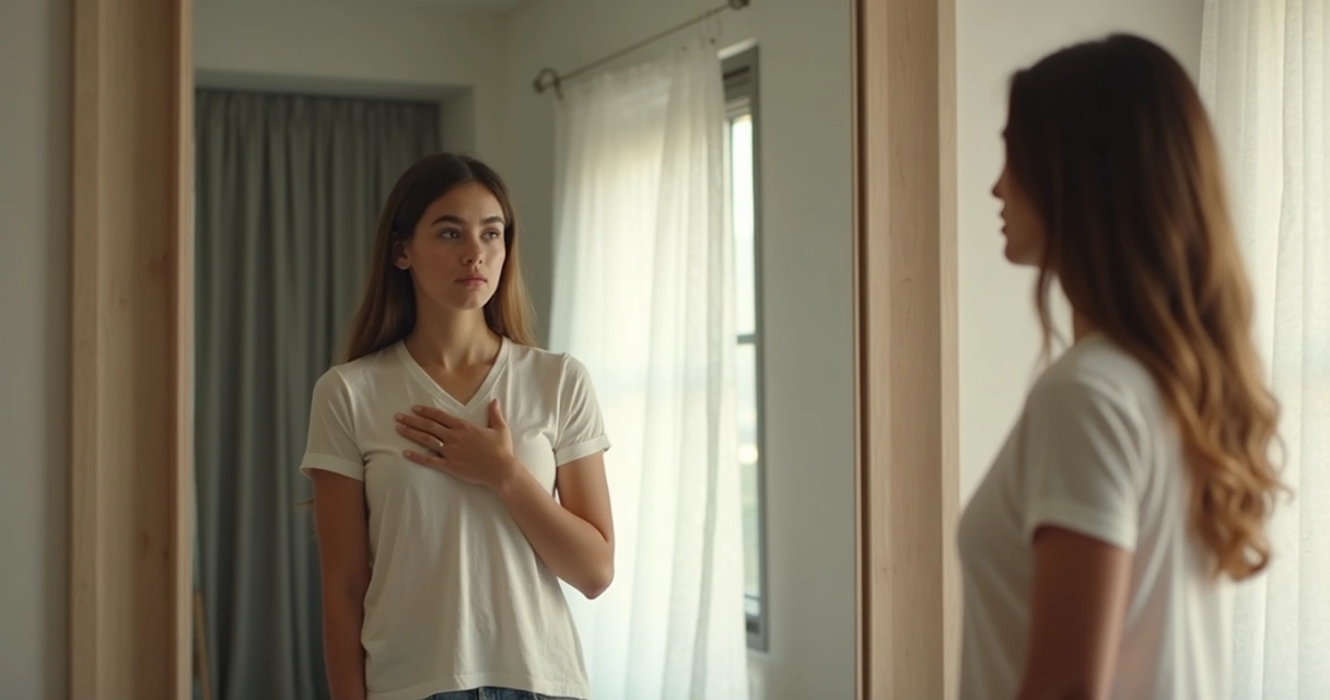 Persona mirando su reflejo en un espejo grande 