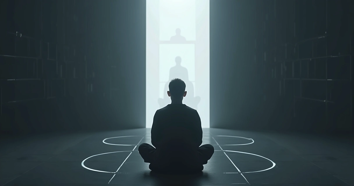 Persona sentada frente a un espejo rodeada de reflejos abstractos 