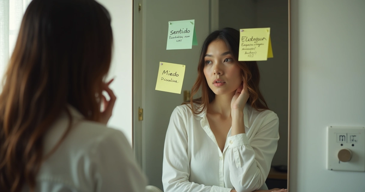 Persona frente a un espejo con notas de metas personales