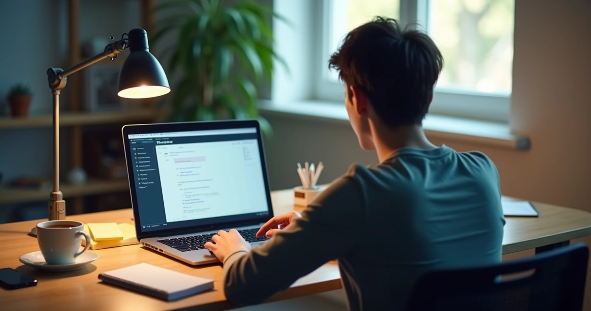 Persona frente a portátil con lista de tareas y distracciones digitales 
