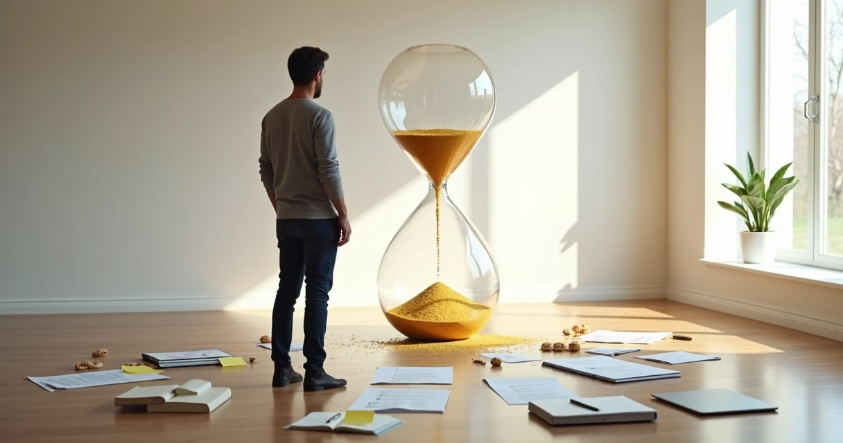 Persona mirando un gran reloj de arena del que salen caminos distintos 