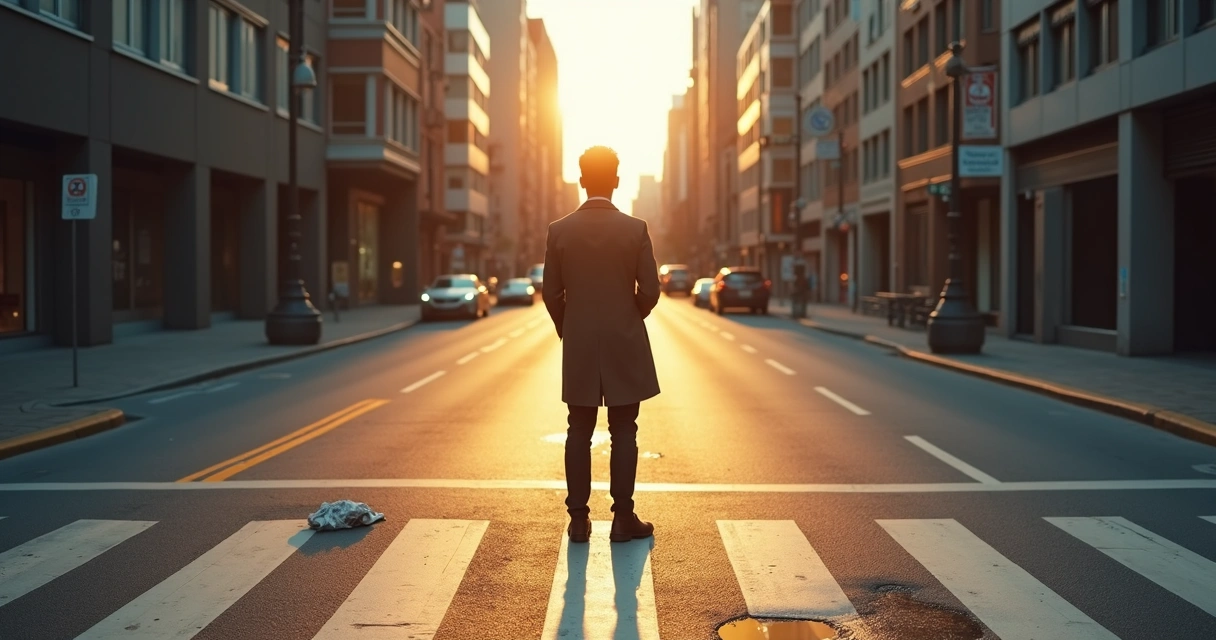Persona en una frontera entre luz y sombra en una calle urbana 