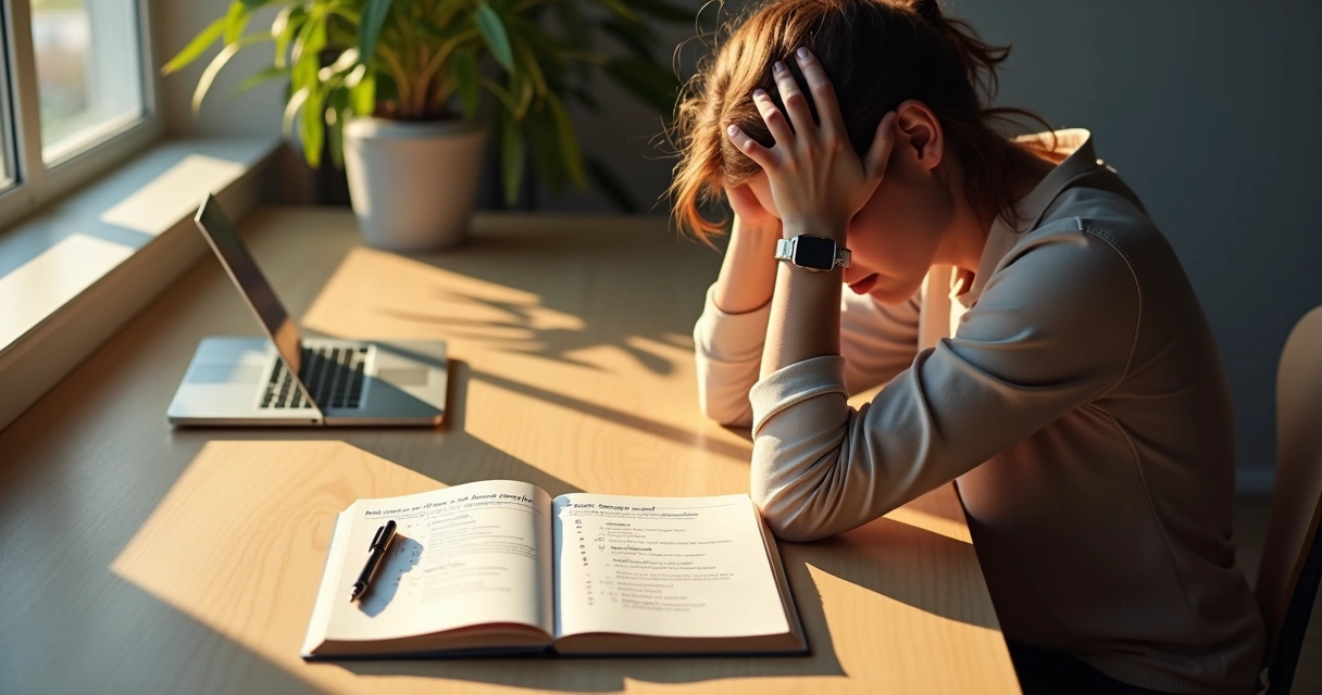 Persona reflexionando frente a un cuaderno con compromisos personales tachados 