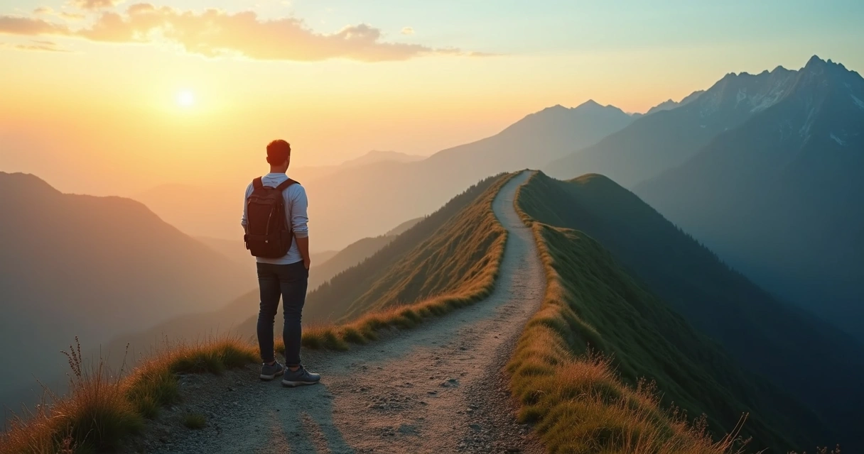 Persona mirando un camino de montaña con metas marcadas en el horizonte 
