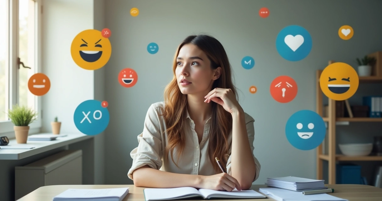 Persona sentado gestionando emociones con expresiones faciales variadas 