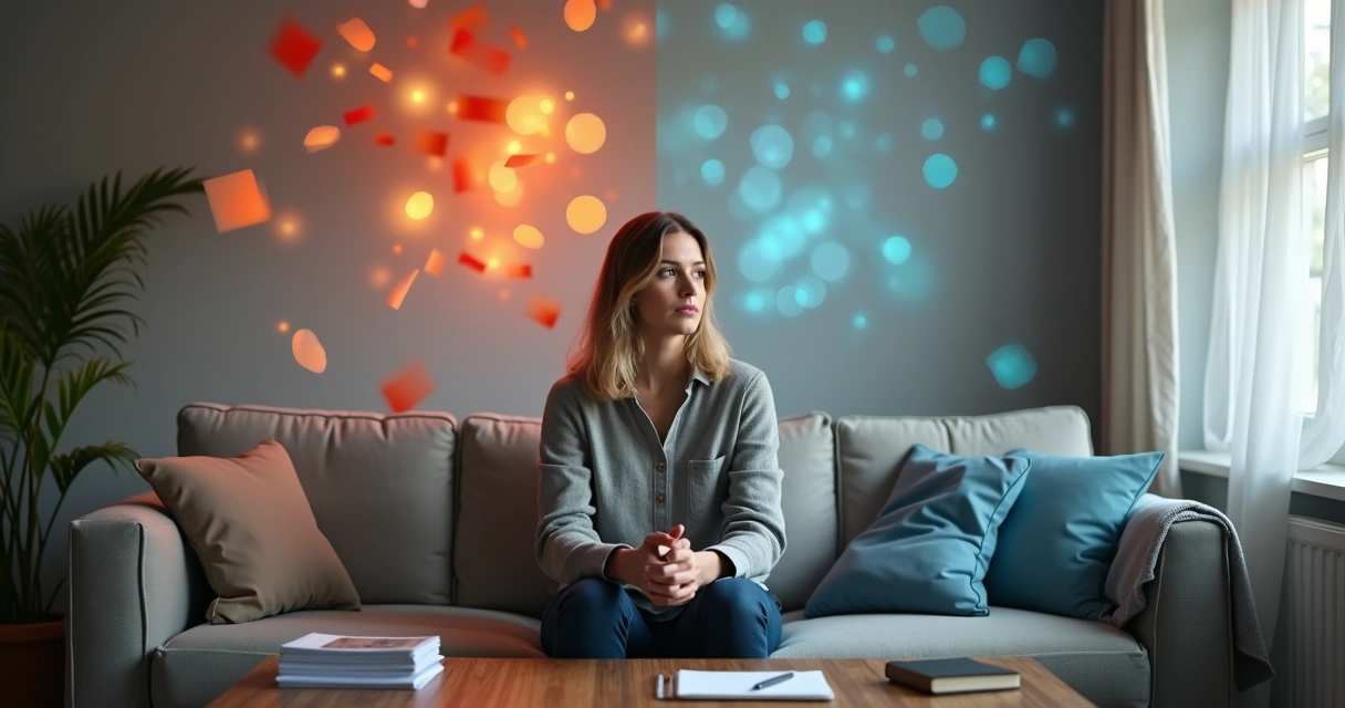 Persona sentada reflexionando entre emociones caóticas y equilibrio interior 