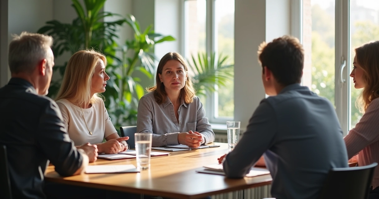 Grupo de personas en una reunión, conversando de manera calmada y respetuosa 