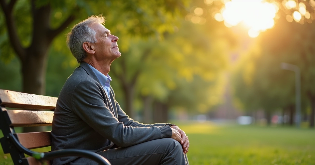 Persona sentada en un banco de parque con ojos cerrados. 