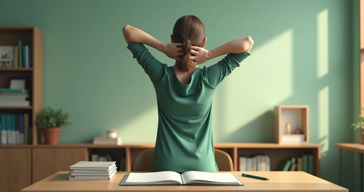 Persona haciendo una pausa y estirando brazos junto a una mesa de estudio 