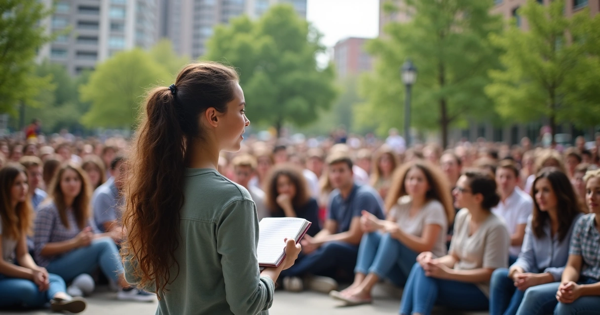 Persona hablando ante un grupo en espacio público mientras inspira cambio 