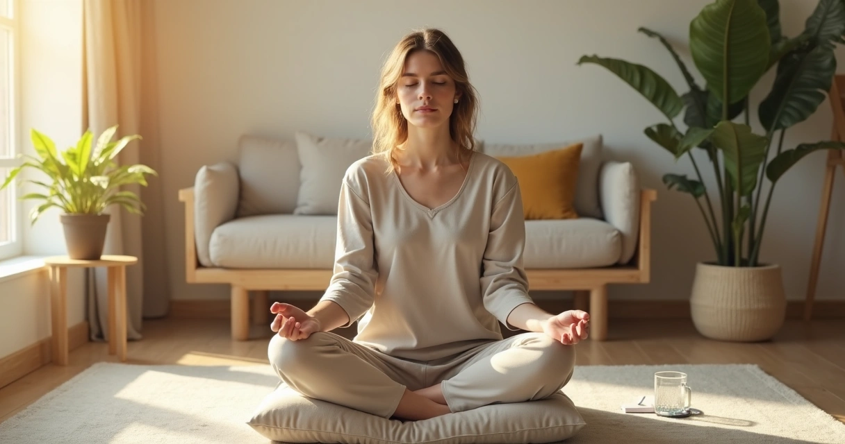 Persona sentada en meditación con luz cálida entrando por una ventana 