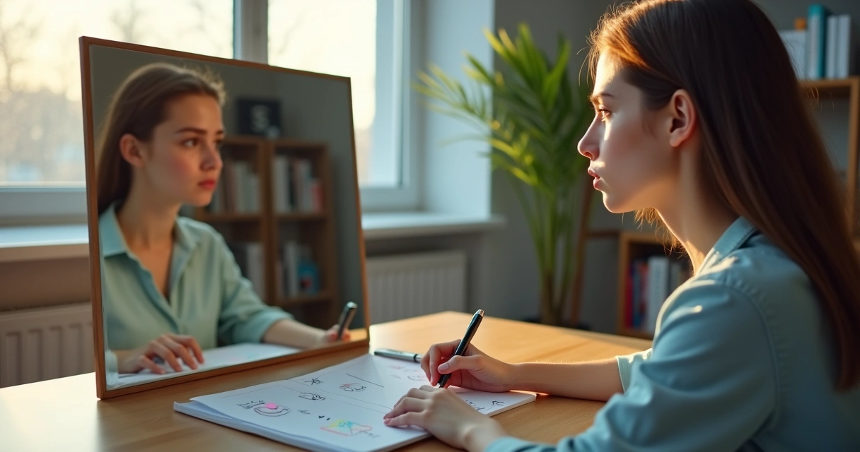 Persona observando su reflejo con diferentes emociones superpuestas 