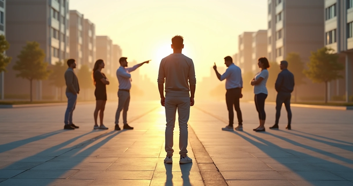 Persona pensativa frente a un cruce de caminos con sombras que representan juicios internos 