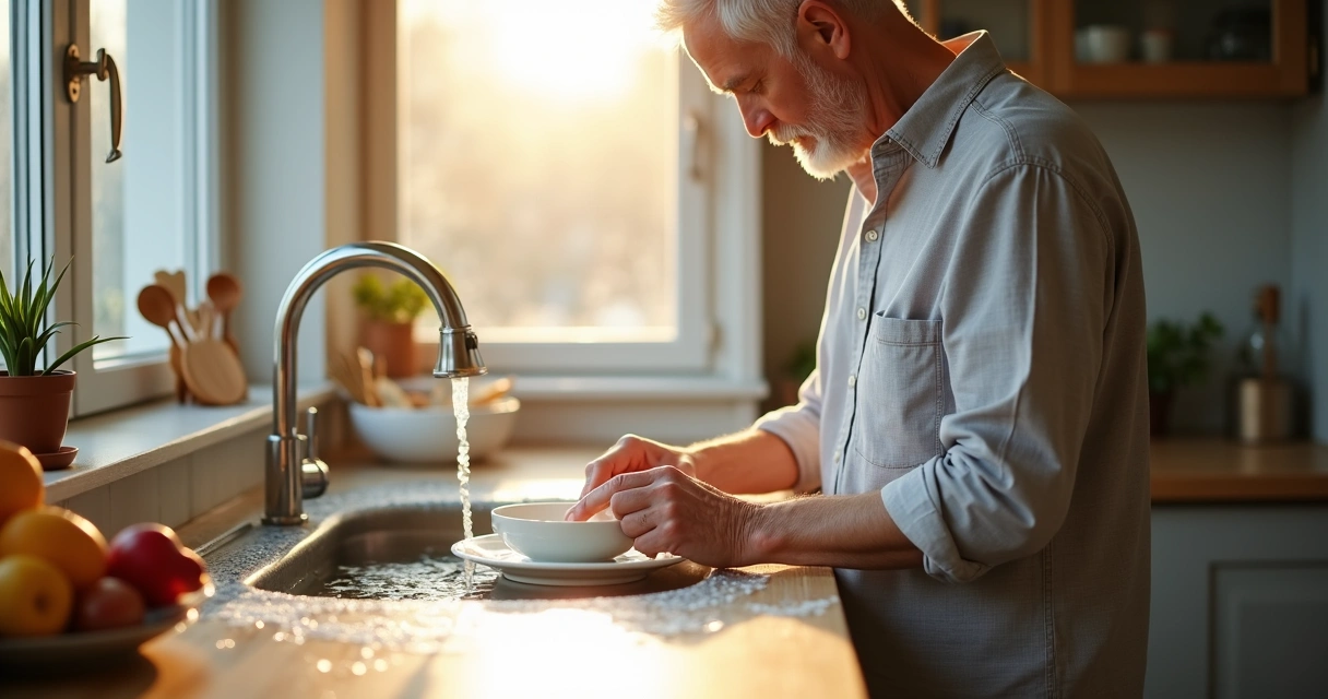Persona lavando platos con atención plena a sus movimientos y sensaciones 