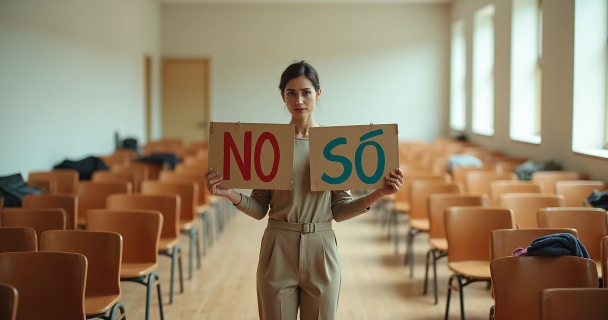 Persona sosteniendo carteles de sí y no frente a una fila de sillas vacías 