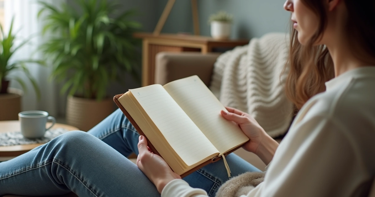 Persona leyendo su propio diario sentado en sofá