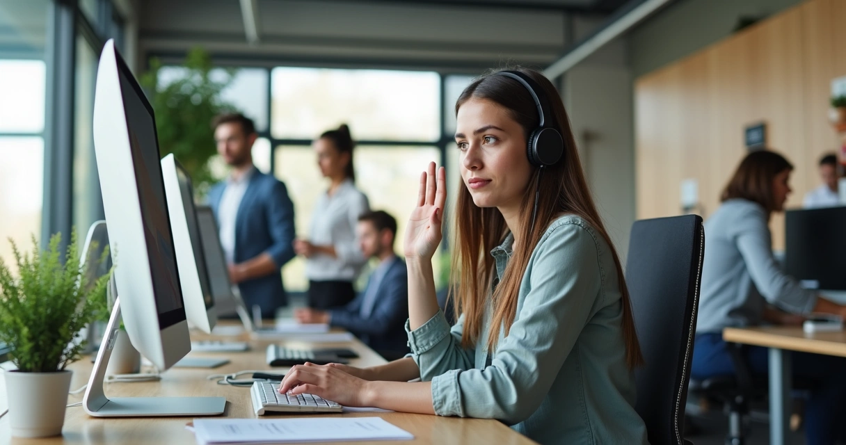 Persona en una oficina con auriculares levantando la mano en señal de límite