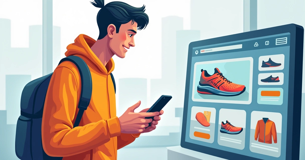 Desenho digital de um homem, segmentado como persona, roupas de corrida, olhando tênis em loja online 