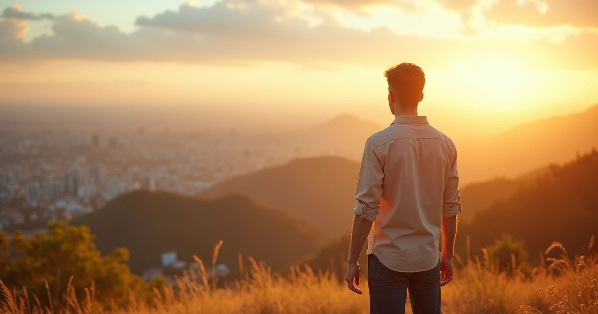 Persona tranquila observando el horizonte al atardecer en actitud de reflexión 