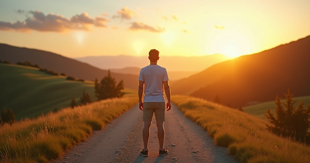 Persona reflexionando frente a un cruce de caminos al atardecer 