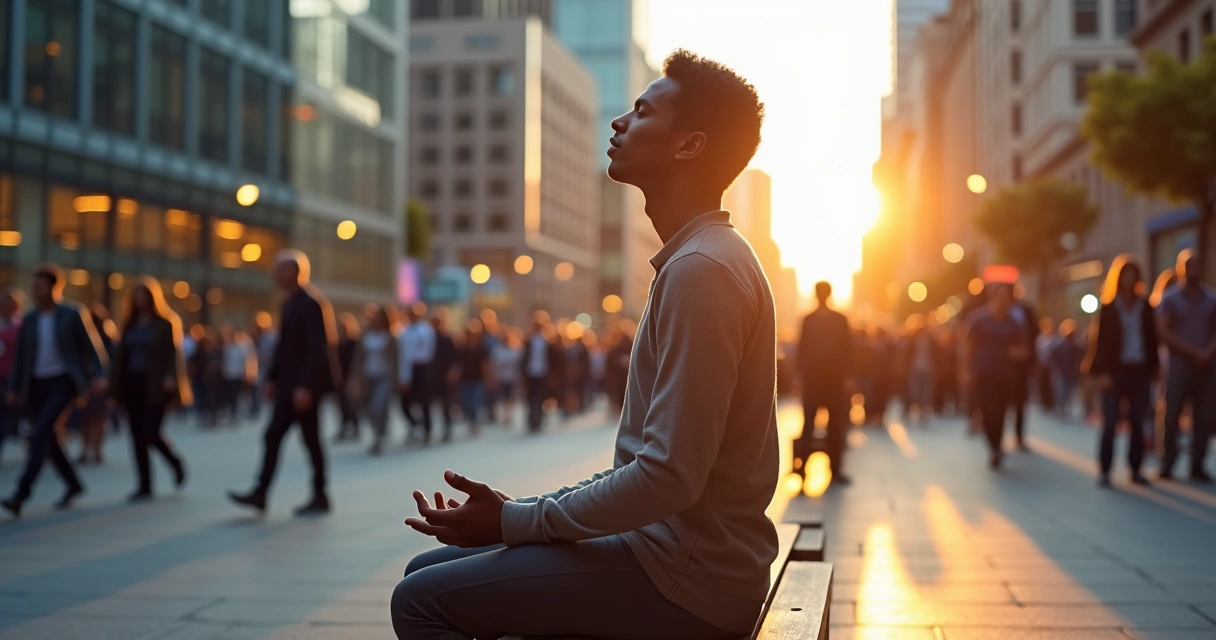 Persona sentada practicando respiración consciente en medio de la ciudad 