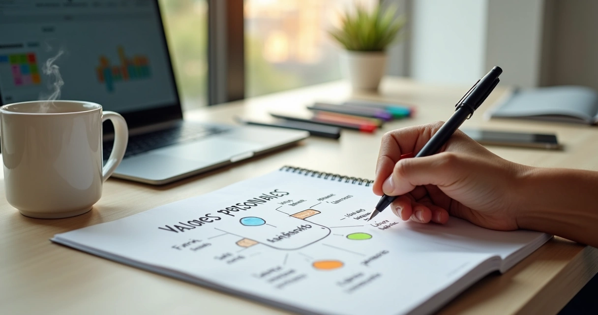 Persona trazando un mapa de valores personales en un cuaderno sobre una mesa de trabajo 