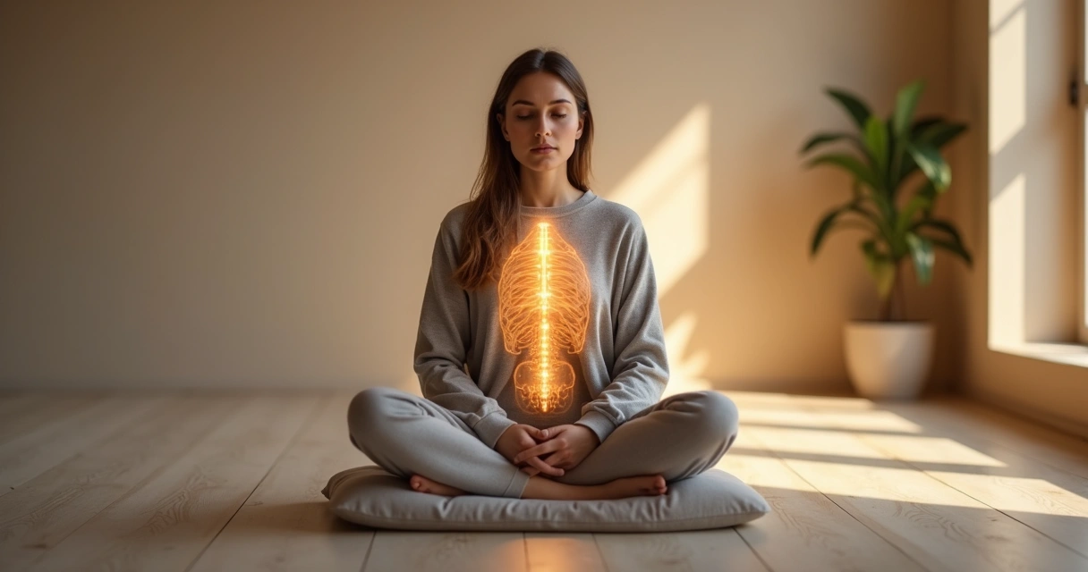 Persona sentada con esquema translúcido del cuerpo resaltando sensaciones físicas 