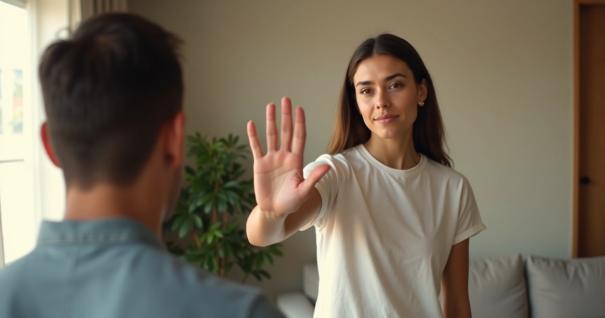 Persona marcando un límite saludable con la mano mientras mantiene un diálogo tranquilo 