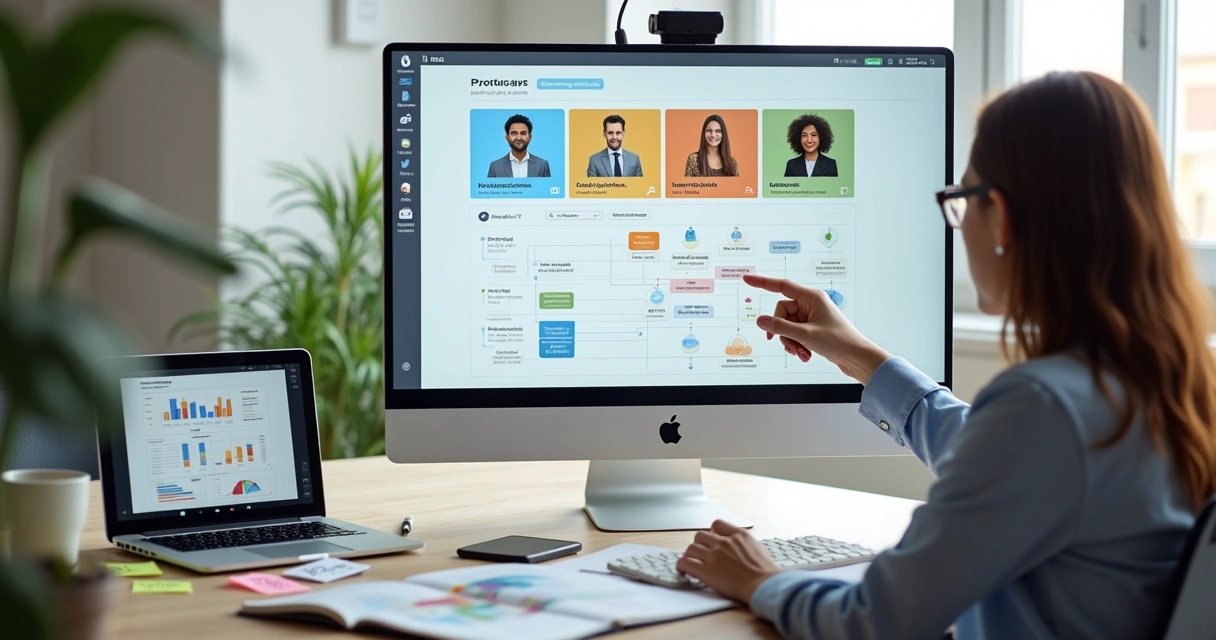 Profissional analisando personas de marketing digital em tela com perfis segmentados 