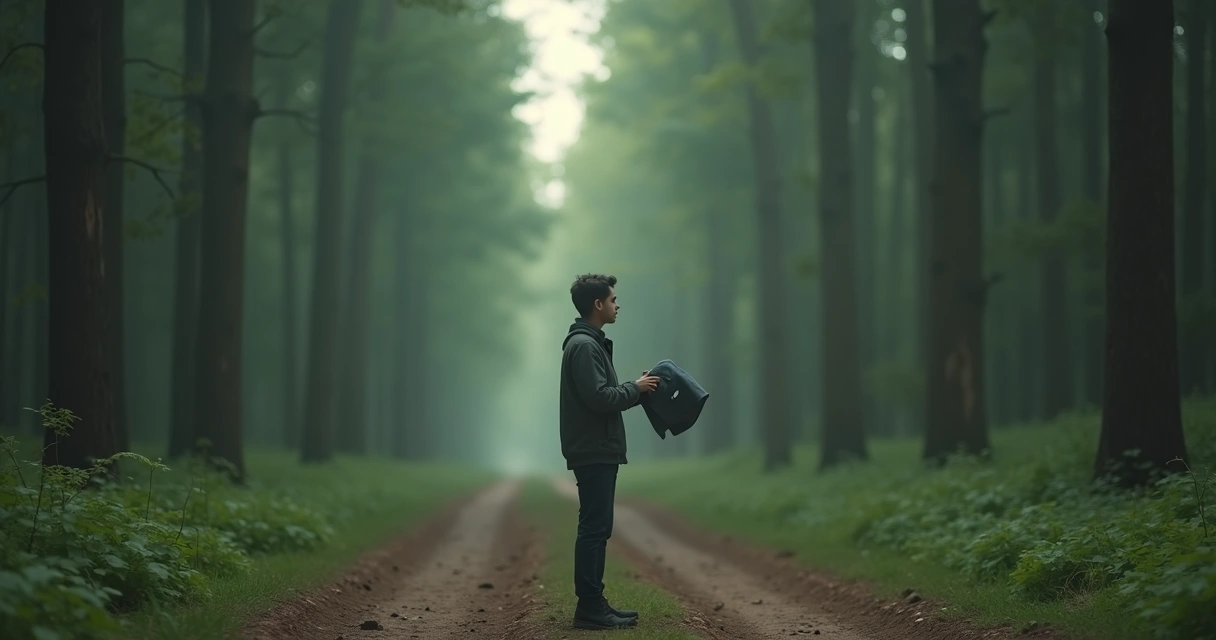 Persona sosteniendo una máscara en un camino 